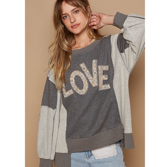 POL Tops - Gray and Cream Women's Love Sweatshirt